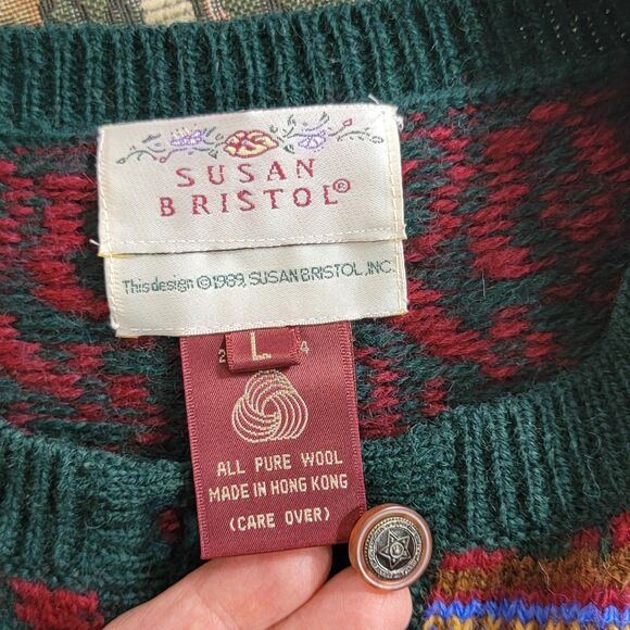 Vintage Susan Bristol Sweater Vest Womens L Green Red Fair Isle Pure Wool 1989 - Picture 10 of 11